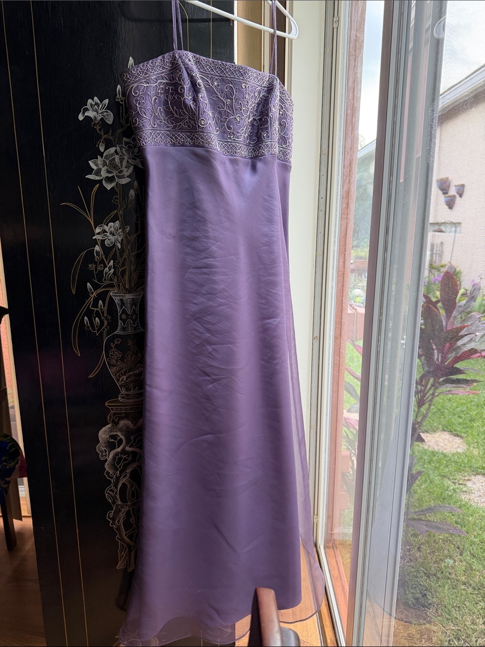 Skinny straps  Lavender Evening Dress with Embroidered Bodice